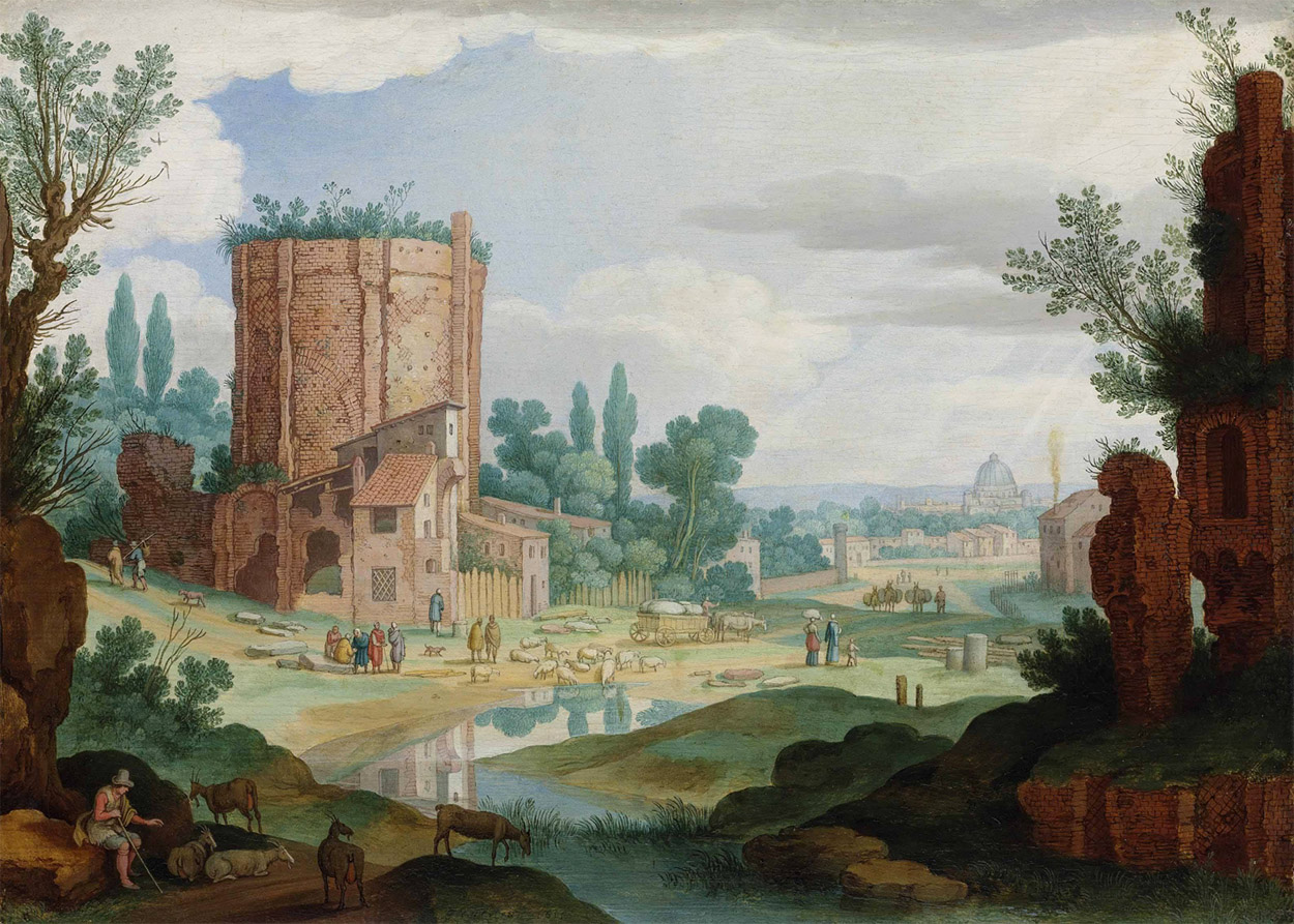 Willem van Nieulandt,Paysage avec ruines, vestiges des Thermes de Trajan ( ?, avant 1635, date indéterminée)